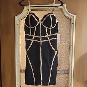 Blàche Spaghetti Strap Black And Gold Mini Dress